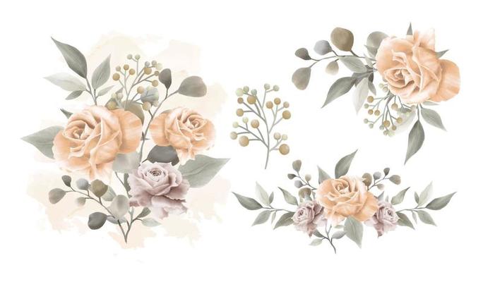 Set of watercolor floral frame bouquets and decoration