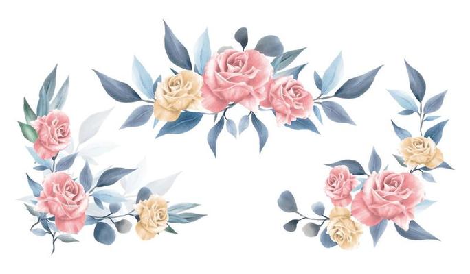 Set of watercolor floral frame bouquets and decoration