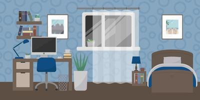 School kid or teenager bedroom with furniture. Computer table, bed and houseplant. Vector illustration.