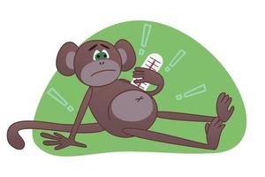 Vector illustration of an ill monkey with thermometer showing fever on green background. New Monkeypox 2022 virus. Ape in cartoon style isolated.