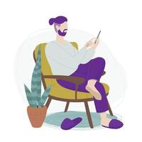 Faceless young man with purple hair is comfortably sitting in an armchair and holding a phone. Online shopping, education or video call concept. Cartoon style vector illustration.
