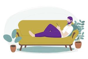 Faceless young man with purple hair is comfortably sitting on a couch and holding a smartphone. Remote work, online education, chatting or dating service concept. Vector illustration.
