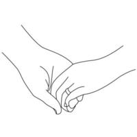 Illustration line drawing a close up of a male and female hands holding each other. Couple man and woman at the wedding holding hands. Hands of groom and bride at wedding day isolated on a white vector