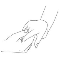 Illustration line drawing a close up of a male and female hands holding each other. Couple man and woman at the wedding holding hands. Hands of groom and bride at wedding day isolated on a white vector