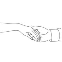 Illustration line drawing a close up of a male and female hands holding each other. Couple man and woman at the wedding holding hands. Hands of groom and bride at wedding day isolated on a white vector