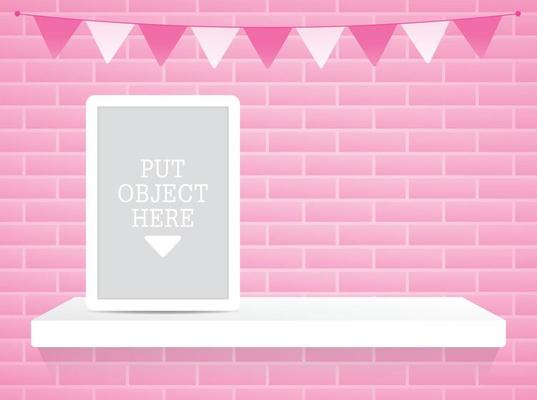 white shelf with picture frame and rail flag on pastel pink brick wall background vector