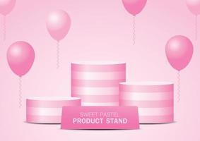 pink striped pattern circle podium set with balloons and signboard on sweet pastel background 3d illustration vector for putting your cute object