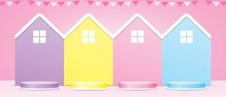 cute pastel house shape backdrop with circle podium 3d illustration vector for putting your object