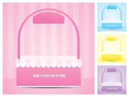 girly pop up store with arch and hang sign 3d illustration vector collection on pastel striped wall scene