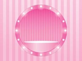 marco de visualización de ventana de círculo de bombilla con soporte de producto en pared de rayas rosa pastel vector de ilustración 3d para poner su objeto