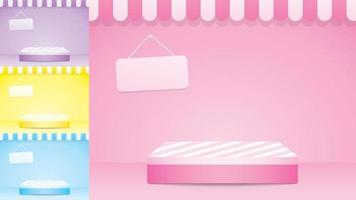 cute girly striped pattern podium display with awning and hanging sign on sweet pastel floor and wall  3d illustration vector collection for putting your object