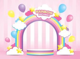arco de arco iris pastel kawaii y podio de exhibición de rayas de arco iris vector de ilustración 3d con lindas nubes y estrellas y elementos de globos sobre fondo rosa femenino