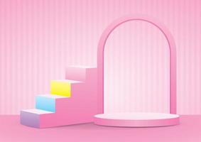 bonitas escaleras en colores pastel con arco y podio circular que muestran el vector de ilustración 3d para colocar el objeto