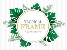 Circle frame with green leaves on striped background graphic vector in tropical summer style for putting your text.