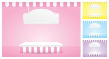 cute girly pastel color striped pattern podium display with hanging sign and awning 3d illustration vector for putting object