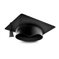 Graduation university or college black cap 3d realistic vector illustration isolated on white background. Element for degree ceremony and educational programs design.