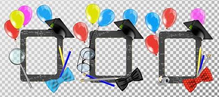 A set of props for a photo booth at a graduation party. A concept for selfies. Frame with lid for gradations. Congratulations, graduate quote. Vector illustration.