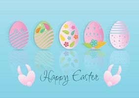 Easter eggs banner paper cut and patterns reflection on blue background. vector