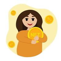 chica atrapando monedas nft en las manos y abrazándose. mujer con concepto de ilustración nft. vector