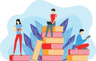 Illustration of people reading, sitting and learning on a big pile of books using gadget, a team working together vector