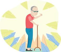 Old man walking at park using walking stick while giving thumbs up vector