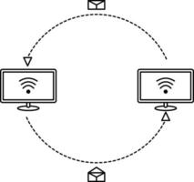 mensajería usando correo electrónico entre computadoras con conexión a internet ilustración de línea delgada vector