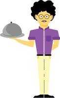 A waiter with glasses holding a round tray design concept vector