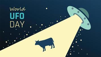 UFO day, UFO steals cows and flies up to the night sky by using beams of light vector