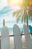muchas tablas de surf en alquiler en la playa de verano con cielo azul de la luz del sol. foto