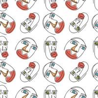 Modern One Line Hand Drawn Abstract Faces Seamless Pattern vector