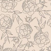 Peony and Leaves Hand Drawn Sketch Seamless Pattern vector