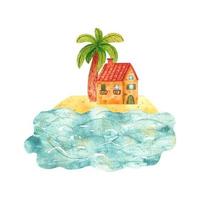 Cozy hand drawn cartoon watercolor houses of city on the sandy beach. Buildings and a castle with a tower and a clock on the shore. Illustration of landscape, nature, summer holiday