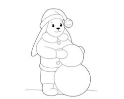 Happy little rabbit in outerwear is making snowman vector