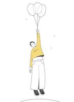 Young man flying with air balloons. Outline illustration vector
