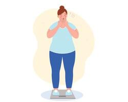 Obese woman stands on the scales, shocked by the weight gain. She upset because she was gaining weight. Excess weight problems concept vector