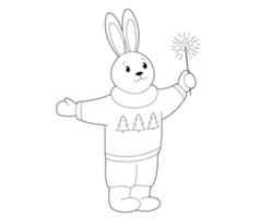 Funny rabbit in a sweater holds Christmas sparkler vector