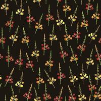 seamless multicolour pattern on black background with hand drawn tiny flower bush , greeting card or fabric vector