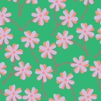 seamless cute pastel hand drawn flowers on green pattern  background , greeting card or fabric vector