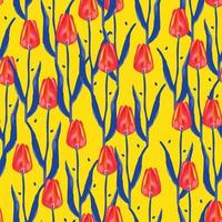 patrón de flores de tulipán mixto sin costuras sobre fondo amarillo, tarjeta de felicitación o tela vector