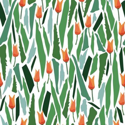 seamless plants pattern background with tulips in green fields , greeting card or fabric
