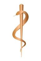 vara del icono de la farmacia de asclepio aislado en blanco. símbolo de farmacia o medicina, símbolo de serpiente de farmacia. estilo de diseño de cobre metálico. ilustración vectorial