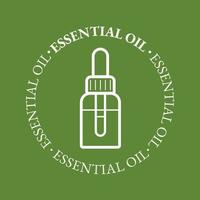 Essential oil bottle symbol with text. Aromatherapy and cosmetic oil icon. Flat vector illustration