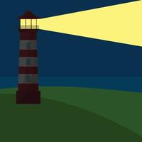 Lighthouse tower with a ray of light in the dark. Natural landscape background. Vector illustration