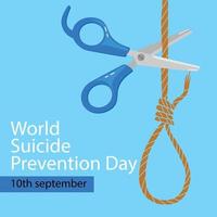 Scissors cutting a knot a problem solving concept. World Suicide Prevention Day concept with awareness ribbon. Design for poster, greeting card, banner, and background. vector