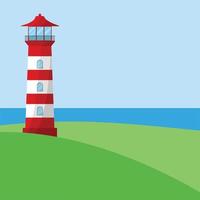 Square banner with seascape. Lighthouse on seashore with mountains on background and seagulls in the sky. Flat vector illustration. Coastline landscape with beacon.