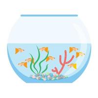 Aquarium with swimming gold exotic fish. Underwater aquarium habitat with sea plants. Flat vector drawn illustration, isolated objects.
