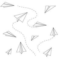 Seamless pattern with vector paper airplane. Travel, route symbol. Vector illustration of background. Black linear paper plane icon.