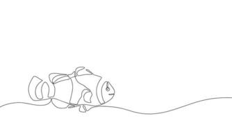 Orange clownfish fish without color in one continuous line drawing. Fresh seafood in linear sketch style on white background. Vector illustration