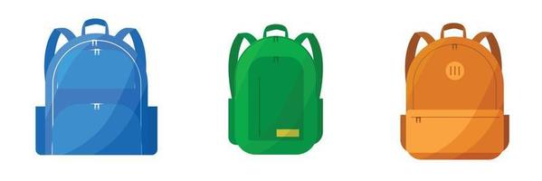 Set of fashionable school backpacks with clasps. An open backpack with books and notebooks. Backpacks for teenagers. Flat cartoon vector illustration.