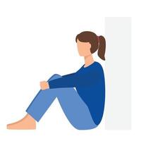 Girl sitting on floor and touching her head. Girl sitting on home and thinking. Sad woman sitting in pose. Flat editable vector illustration. Portrait of a young girl sitting on floor.